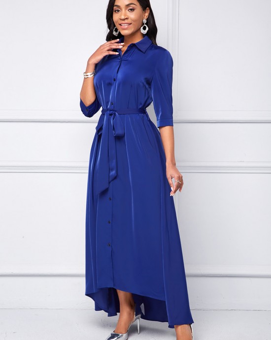 Button Up Turndown Collar Belted High Low Dress