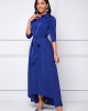 Button Up Turndown Collar Belted High Low Dress