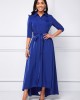 Button Up Turndown Collar Belted High Low Dress