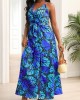 Blue Belted Butterfly Print Spaghetti Strap Dress