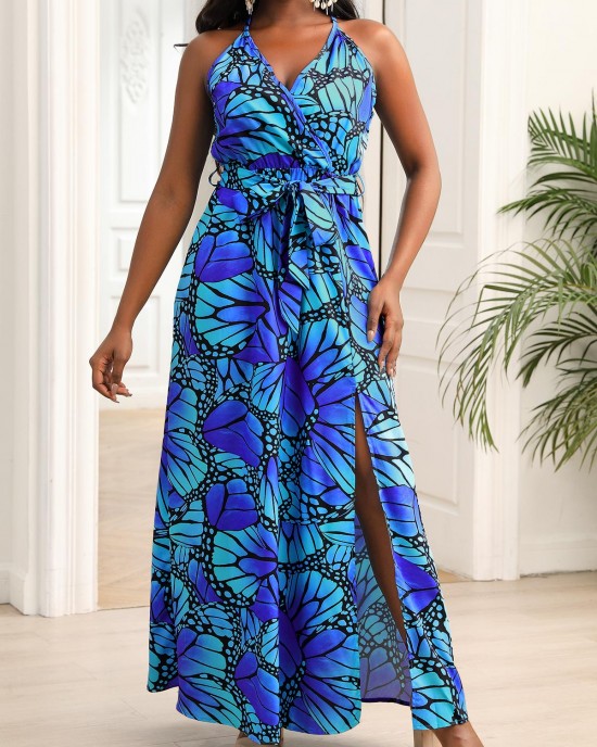 Blue Belted Butterfly Print Spaghetti Strap Dress