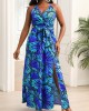 Blue Belted Butterfly Print Spaghetti Strap Dress