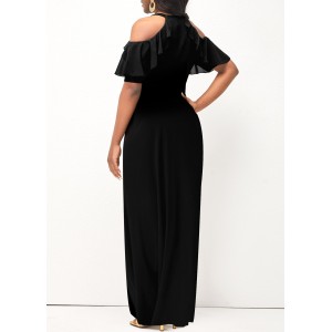 Double Side Pockets Black Cold Shoulder Maxi Dress