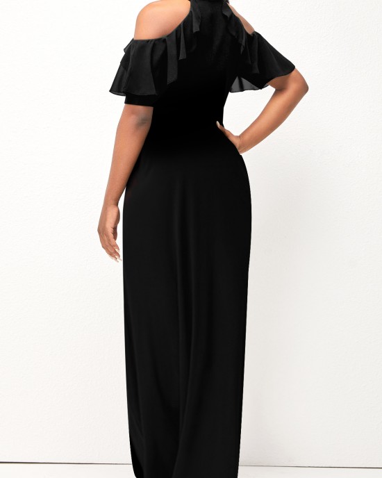 Double Side Pockets Black Cold Shoulder Maxi Dress