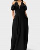 Double Side Pockets Black Cold Shoulder Maxi Dress