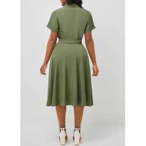 Notch Collar Short Sleeve Army Green Dress