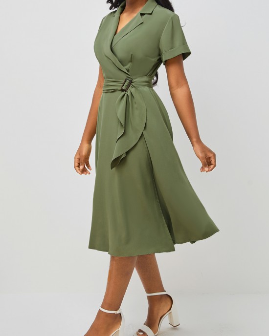 Notch Collar Short Sleeve Army Green Dress