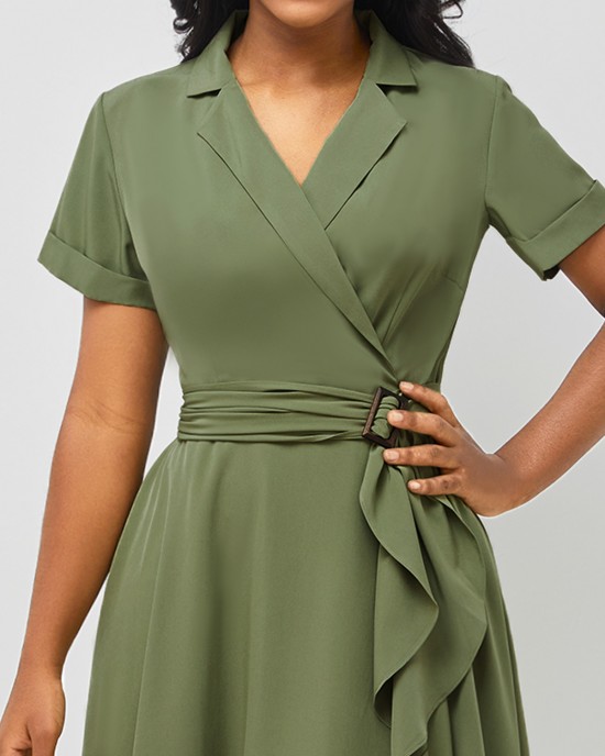 Notch Collar Short Sleeve Army Green Dress