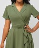 Notch Collar Short Sleeve Army Green Dress