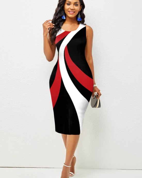 Contrast Printed Sleeveless Round Neck Bodycon Dress