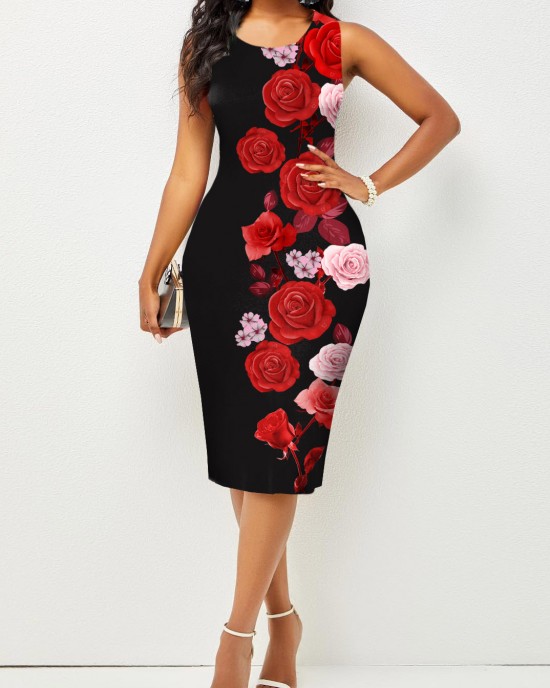 Contrast Printed Sleeveless Round Neck Bodycon Dress