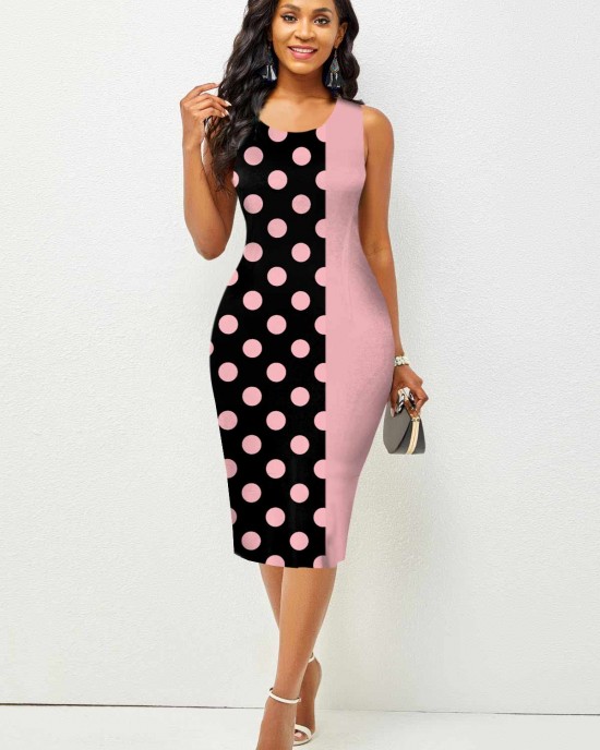 Contrast Printed Sleeveless Round Neck Bodycon Dress