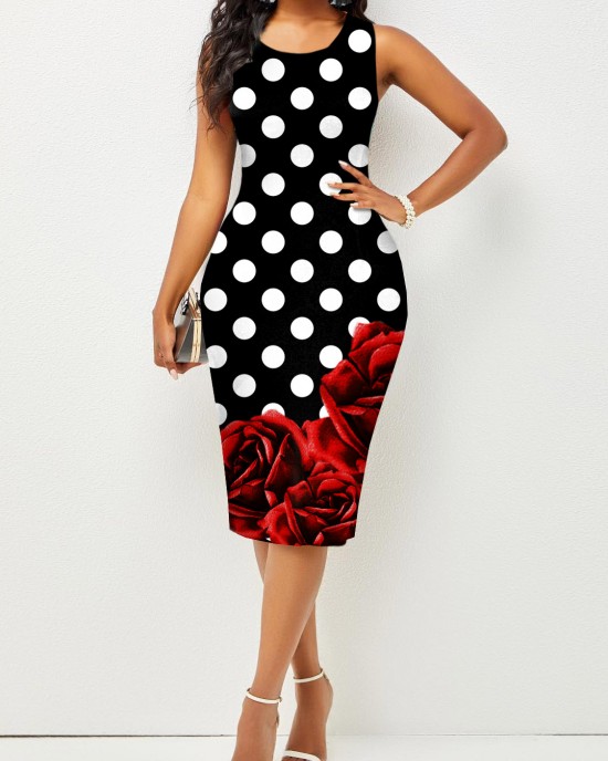 Contrast Printed Sleeveless Round Neck Bodycon Dress