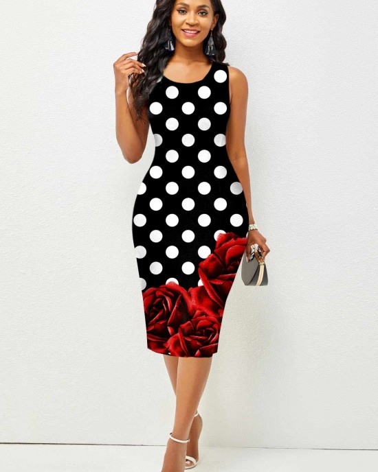 Contrast Printed Sleeveless Round Neck Bodycon Dress