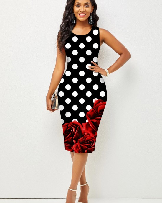 Contrast Printed Sleeveless Round Neck Bodycon Dress