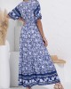 Navy Blue Floral Print V Neck Dress