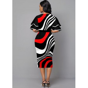 Ruffle Sleeve Stripe Print Contrast Sheath Dress