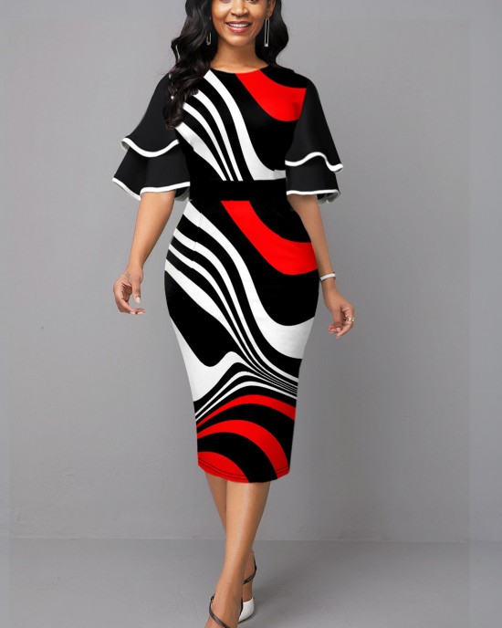 Ruffle Sleeve Stripe Print Contrast Sheath Dress