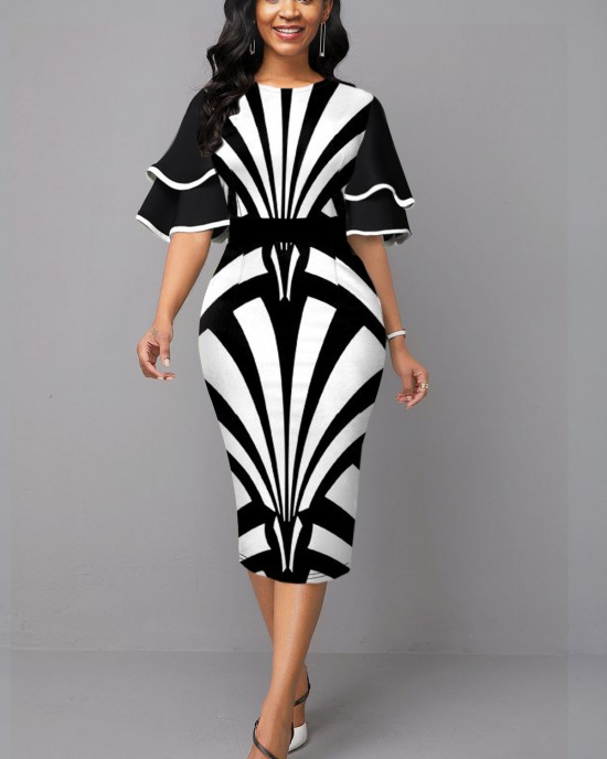 Ruffle Sleeve Stripe Print Contrast Sheath Dress