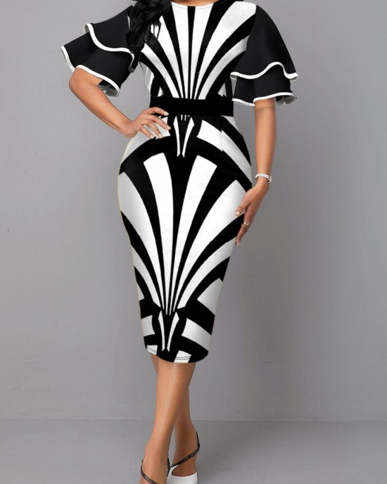 Ruffle Sleeve Stripe Print Contrast Sheath Dress