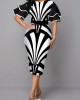 Ruffle Sleeve Stripe Print Contrast Sheath Dress