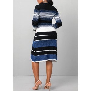 Striped Dark Blue Round Neck Long Sleeve Dress