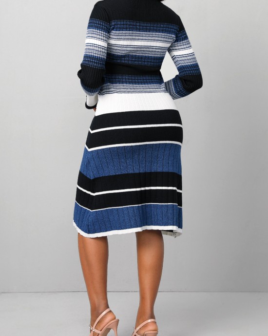 Striped Dark Blue Round Neck Long Sleeve Dress