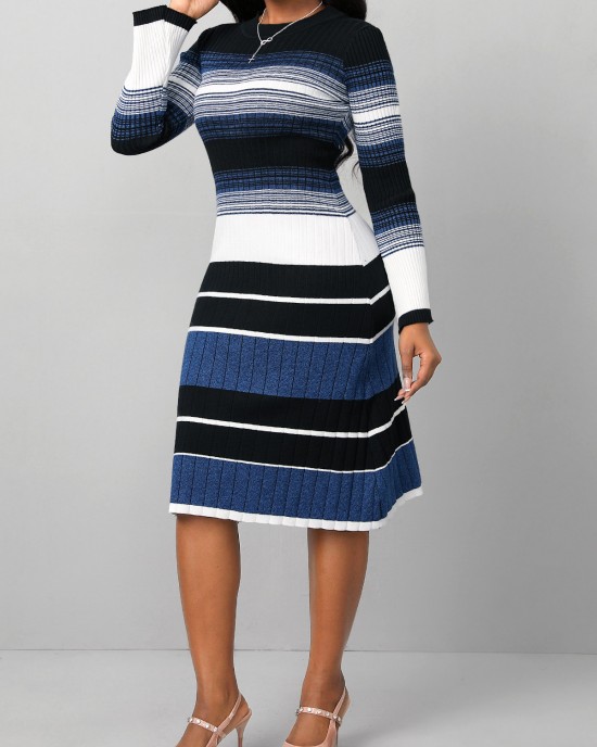 Striped Dark Blue Round Neck Long Sleeve Dress