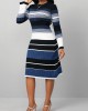 Striped Dark Blue Round Neck Long Sleeve Dress