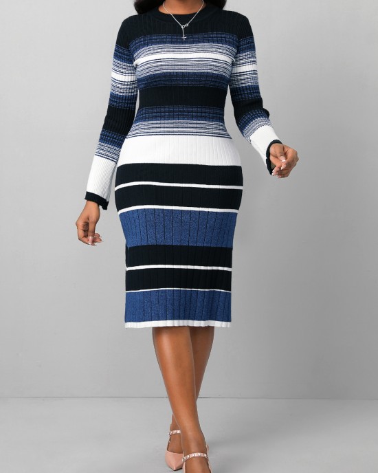 Striped Dark Blue Round Neck Long Sleeve Dress