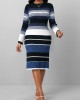 Striped Dark Blue Round Neck Long Sleeve Dress