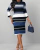 Striped Dark Blue Round Neck Long Sleeve Dress