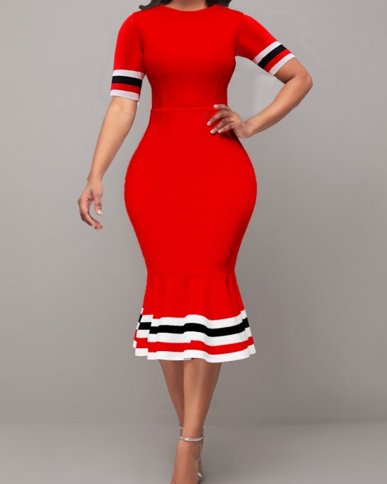 Red Stripe Print Short Sleeve Dress