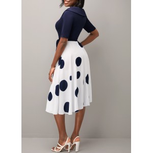 Belted Navy Blue Polka Dot Cross Front Dress