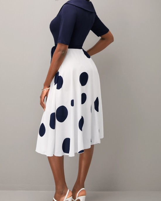 Belted Navy Blue Polka Dot Cross Front Dress