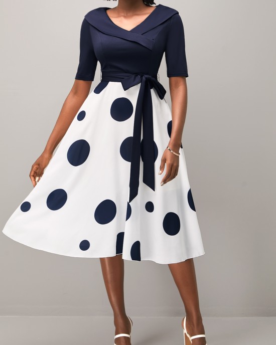 Belted Navy Blue Polka Dot Cross Front Dress