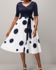 Belted Navy Blue Polka Dot Cross Front Dress