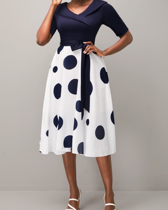 Belted Navy Blue Polka Dot Cross Front Dress