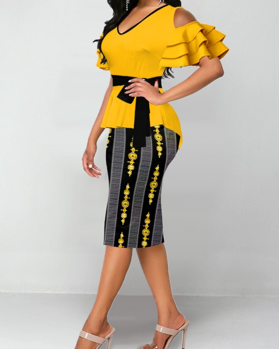 Cold Shoulder Belted Yellow V Neck Dress