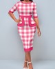 Pink Plaid Round Neck Bodycon Dress