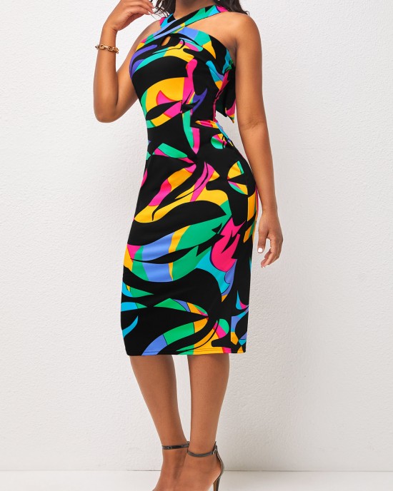 Cross Halter Tie Back Multi Color Dress