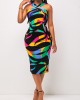 Cross Halter Tie Back Multi Color Dress