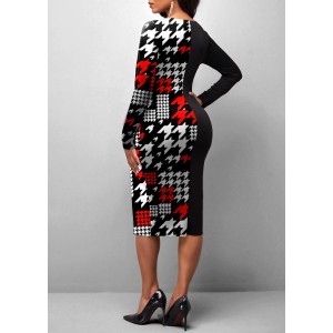 Black Houndstooth Print Long Sleeve Dress