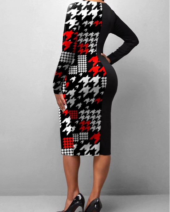 Black Houndstooth Print Long Sleeve Dress