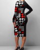 Black Houndstooth Print Long Sleeve Dress