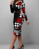 Black Houndstooth Print Long Sleeve Dress