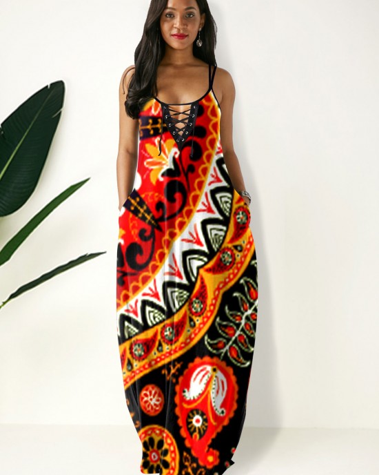 Side Pocket Tribal Print Spaghetti Strap Maxi Dress