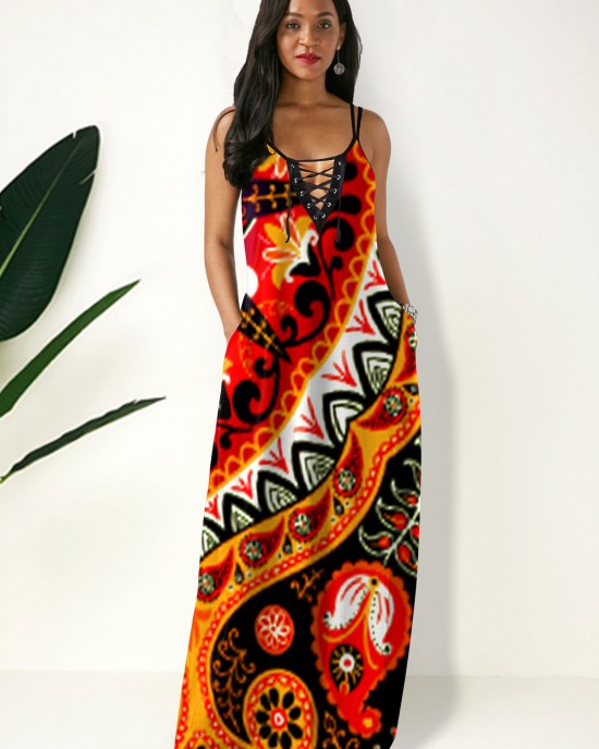 Side Pocket Tribal Print Spaghetti Strap Maxi Dress