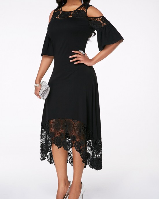 Flare Sleeve Cold Shoulder Lace Detail Dress