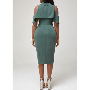 Flounce Cold Shoulder Blackish Green Dress